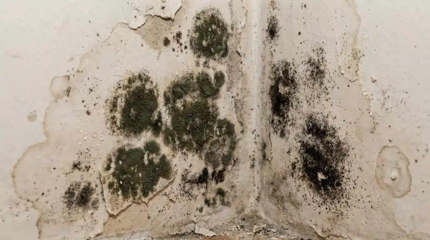Close-up view of black mold patches spreading across a damp drywall surface