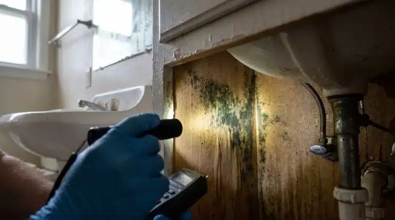 Black mold growing inside a damp bathroom cabinet corner, showing dark patches and moisture damage