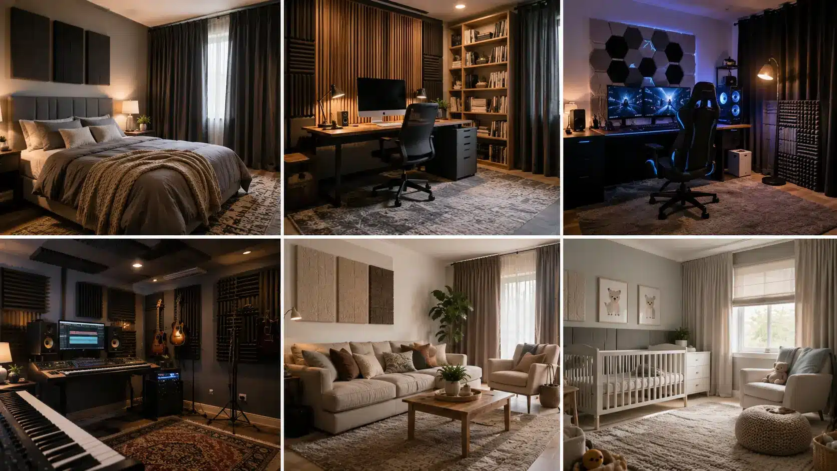 Six-room collage showing soundproofed bedroom, home office, gaming room, music studio, living room, and nursery.