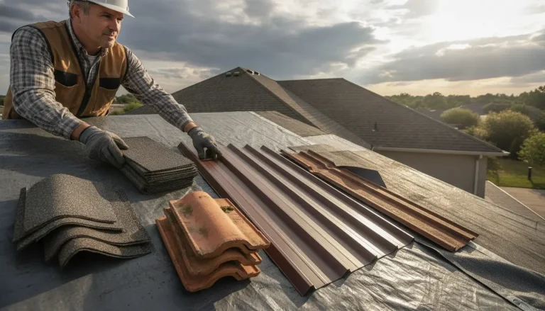 Worker organizing roofing materials on house roof under cloudy sky