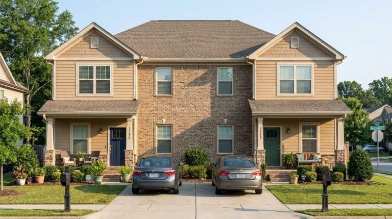 Modern duplex home with two separate units under one shared roof.
