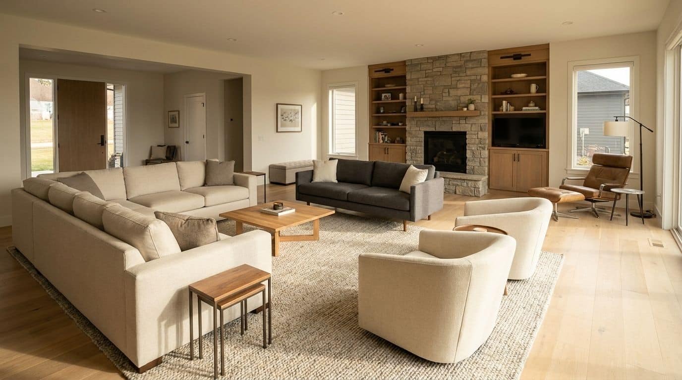 Modern living room showing smart furniture arrangement and space planning ideas.