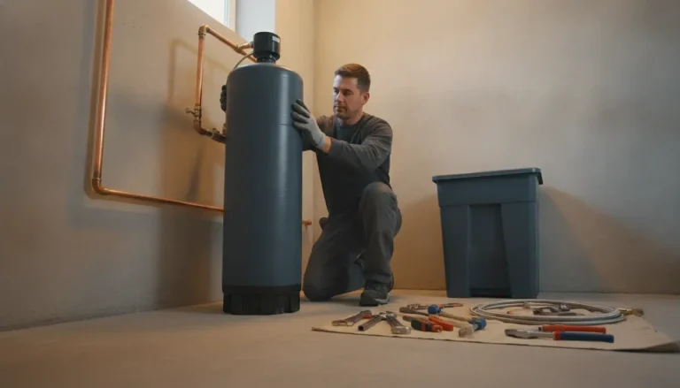 Man installing water softener in basement with tools and storage bin nearby