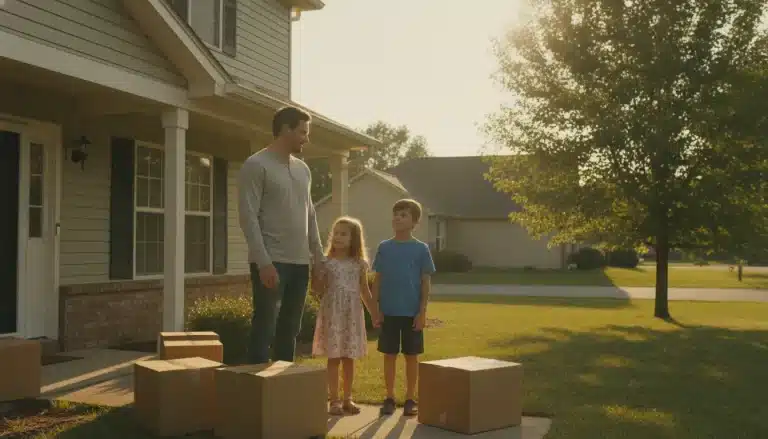Family standing outside suburban home with cardboard boxes on driveway during sunset