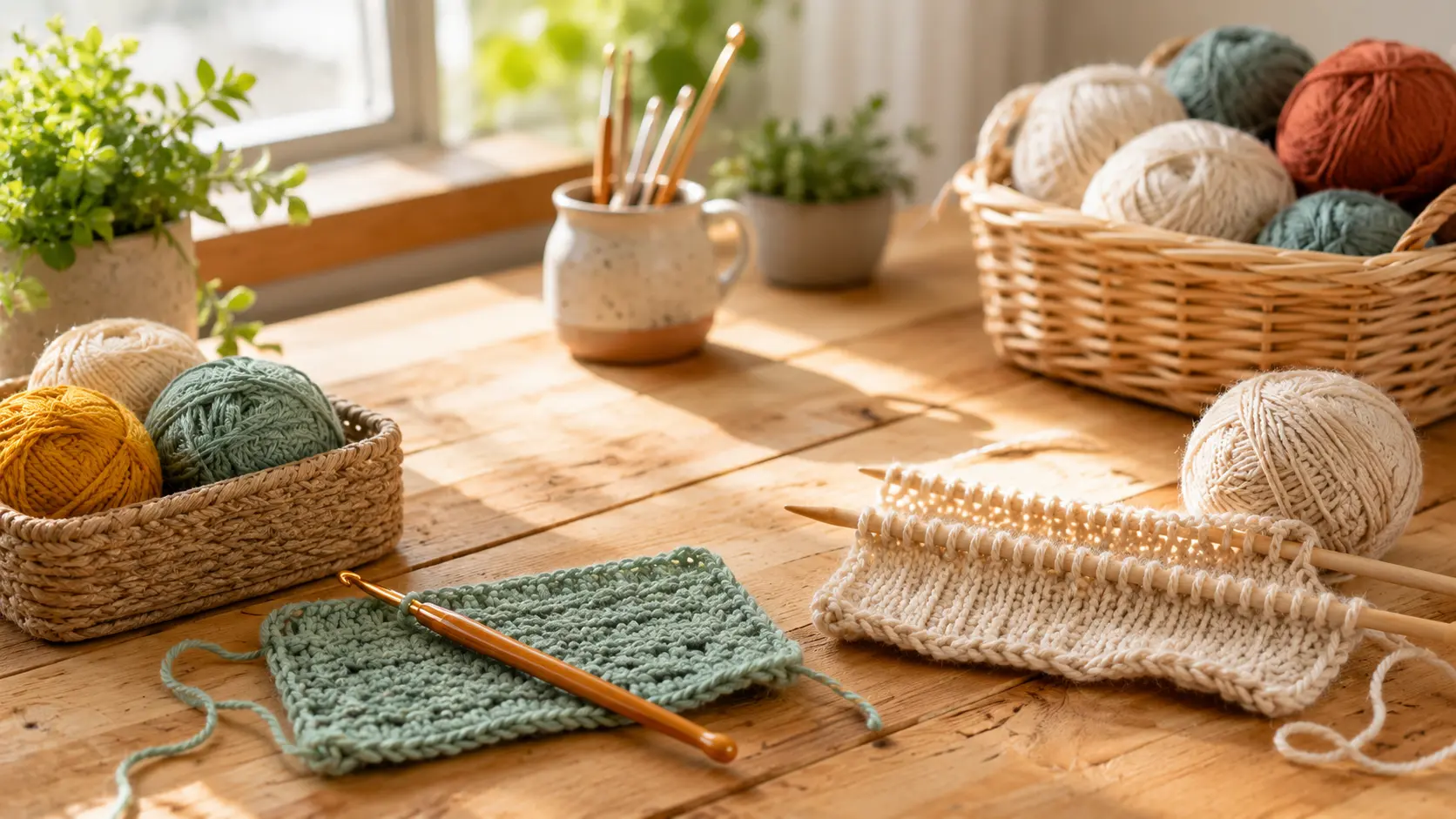 Knitting needles, crochet hook, yarn balls, and unfinished fabric samples on a sunlit wooden craft table.
