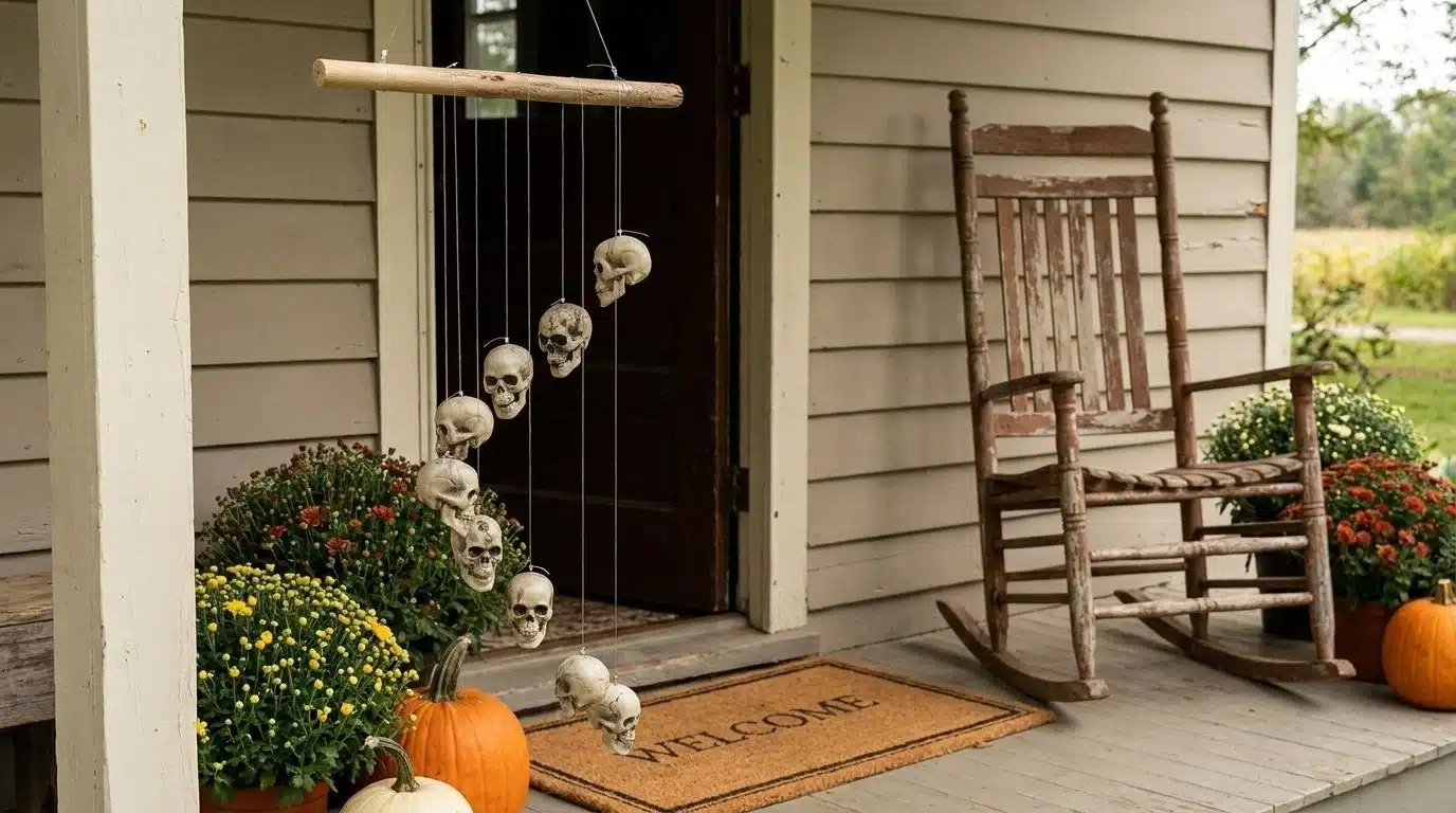Skull wind chime hanging on a porch corner