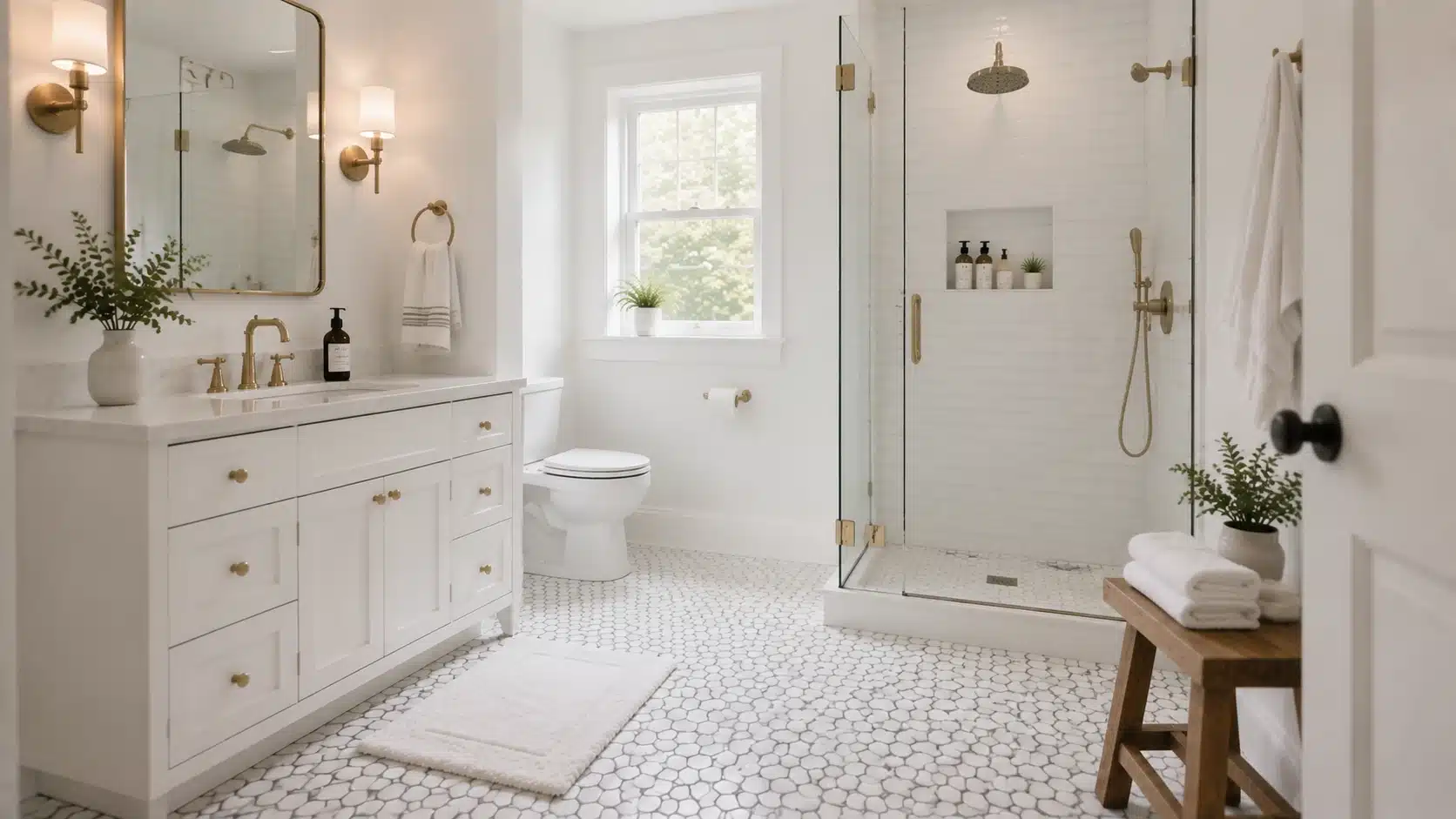 White bathroom featuring hexagon floor tiles with defined grout lines adding subtle pattern and texture.