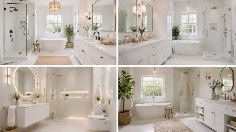 Four white bathroom ideas featuring greenery, natural textures, freestanding tubs, glass showers, and elegant modern finishes.