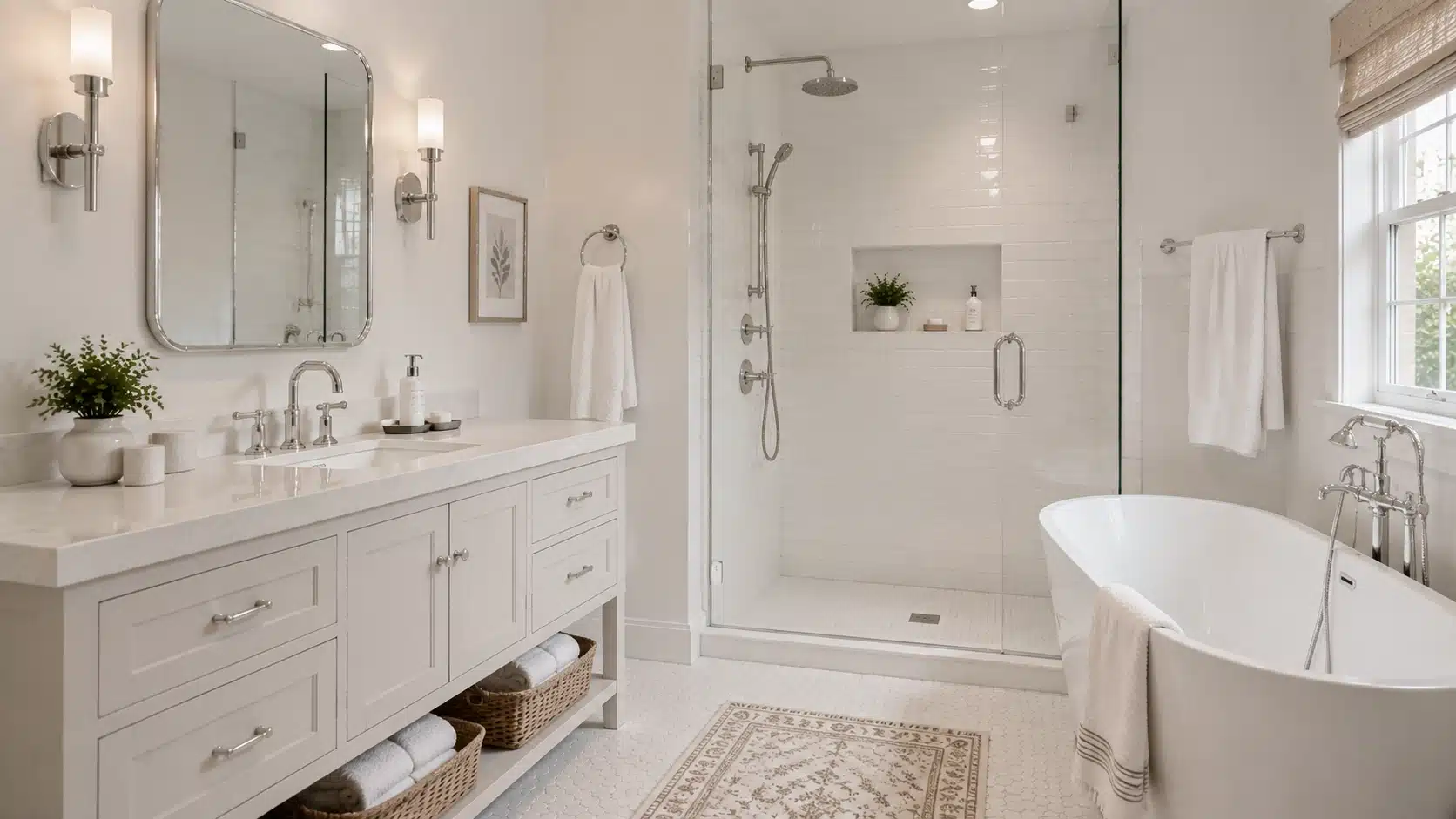 White bathroom with chrome fixtures, subway tile shower, freestanding tub, and classic vanity