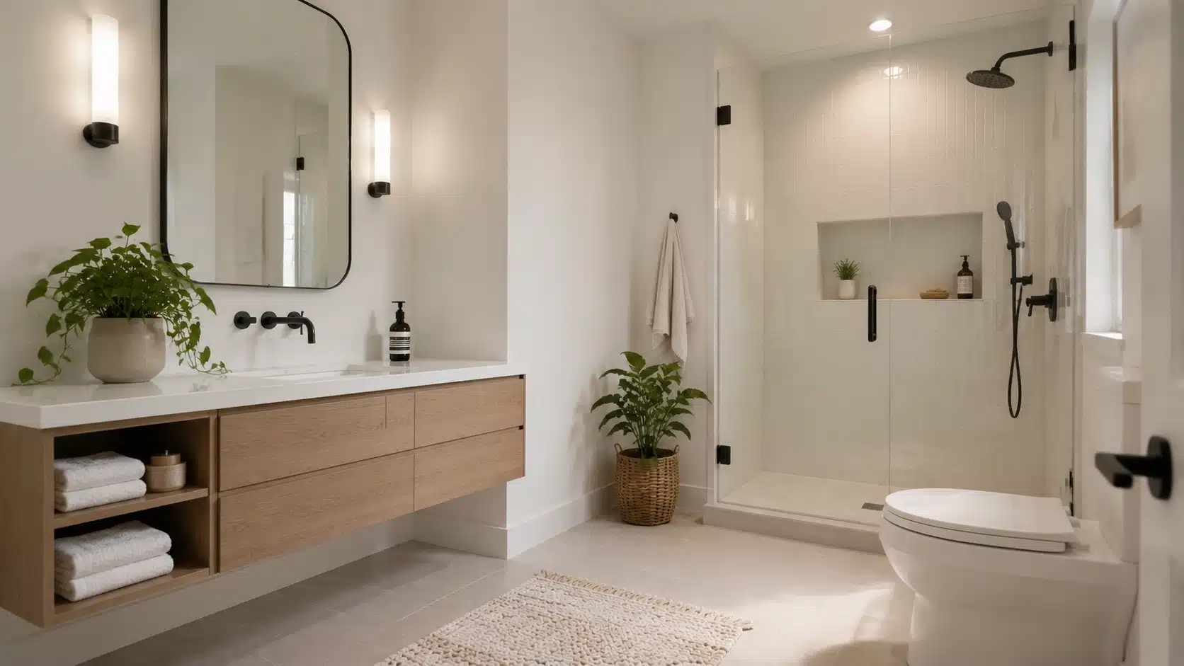 White bathroom with floating wood vanity, open floor space, marble countertop, and glass shower