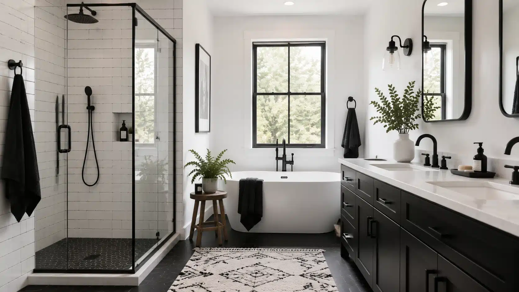 White bathroom with matte black faucets, shower frame, and hardware creating bold contrast and a balanced look.