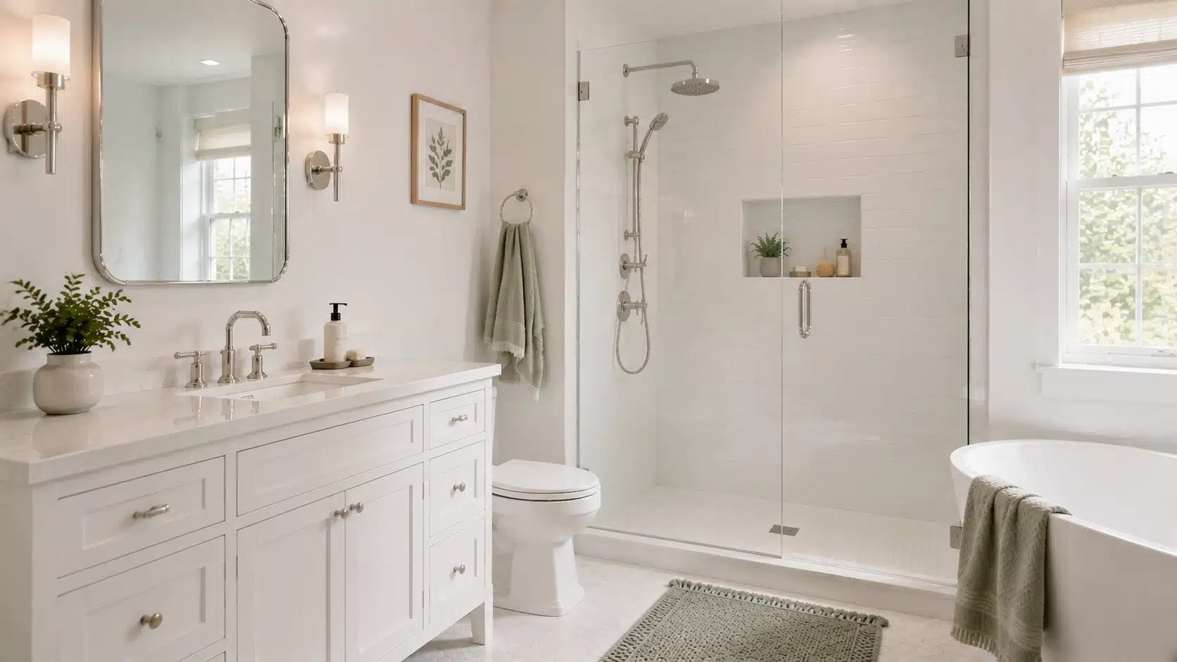 White bathroom with sage green accents on towels and rug, marble surfaces, glass shower, and freestanding tub.