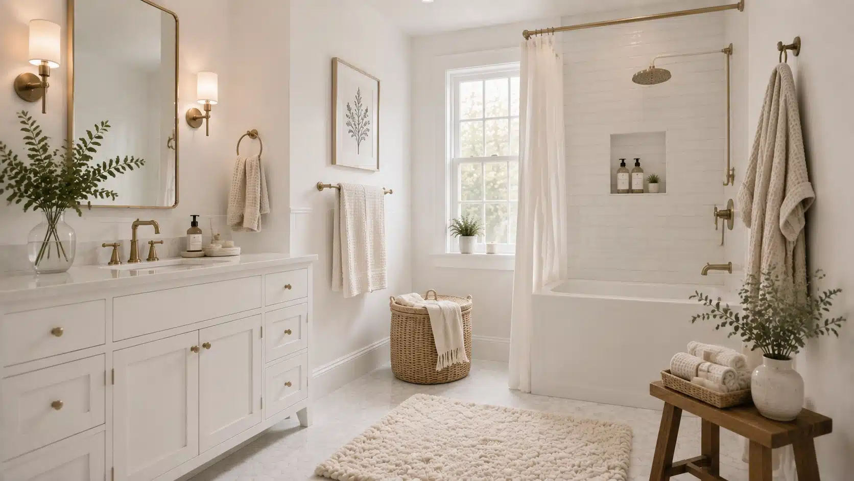 White bathroom with textured towels, plush bath mat, and woven rug adding warmth and softness to the space.