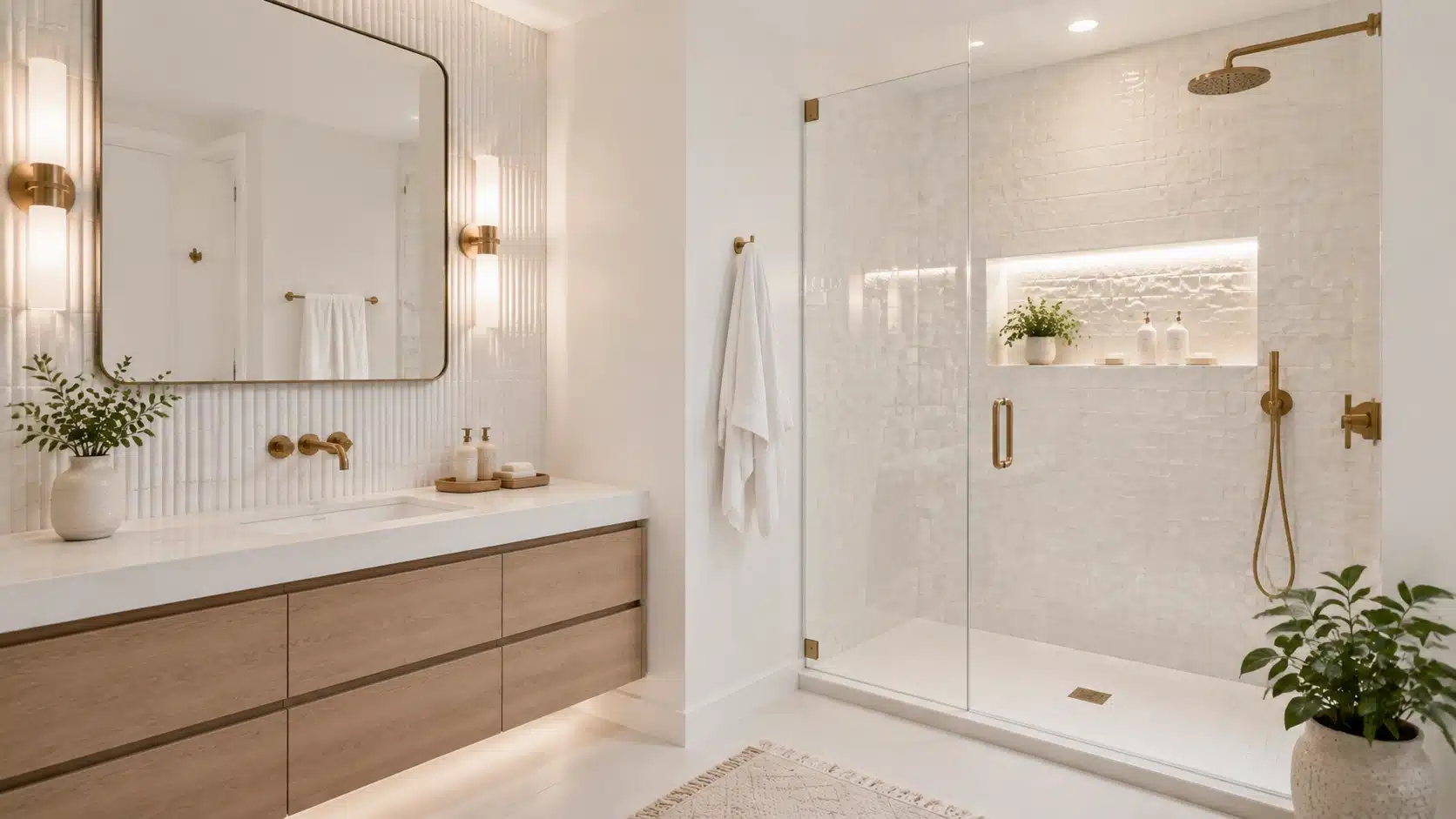 White bathroom with textured wall tiles, wood vanity, brass fixtures, and glass shower