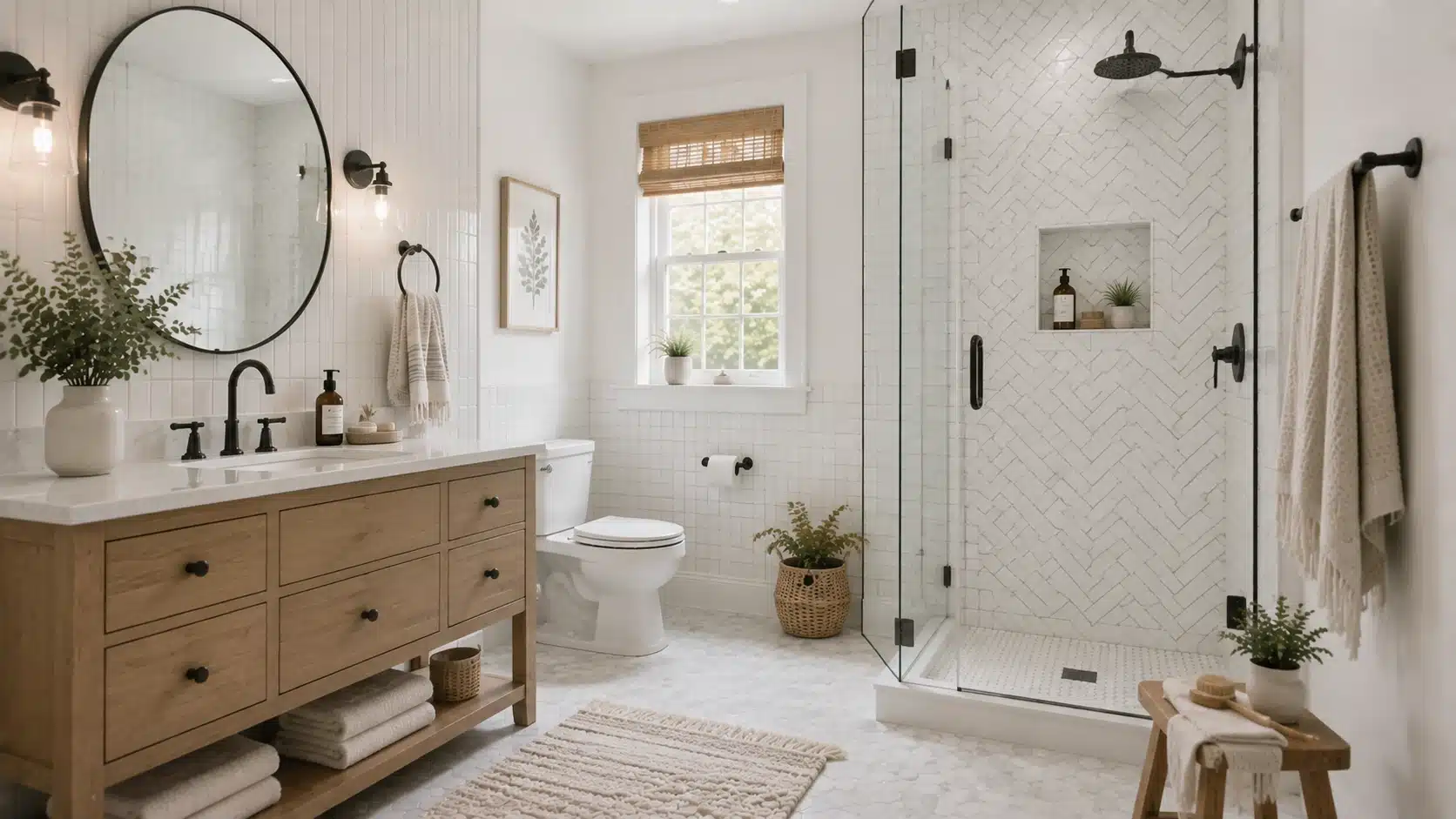White bathroom with varied tile layouts including vertical stack and herringbone patterns adding texture and visual interest.