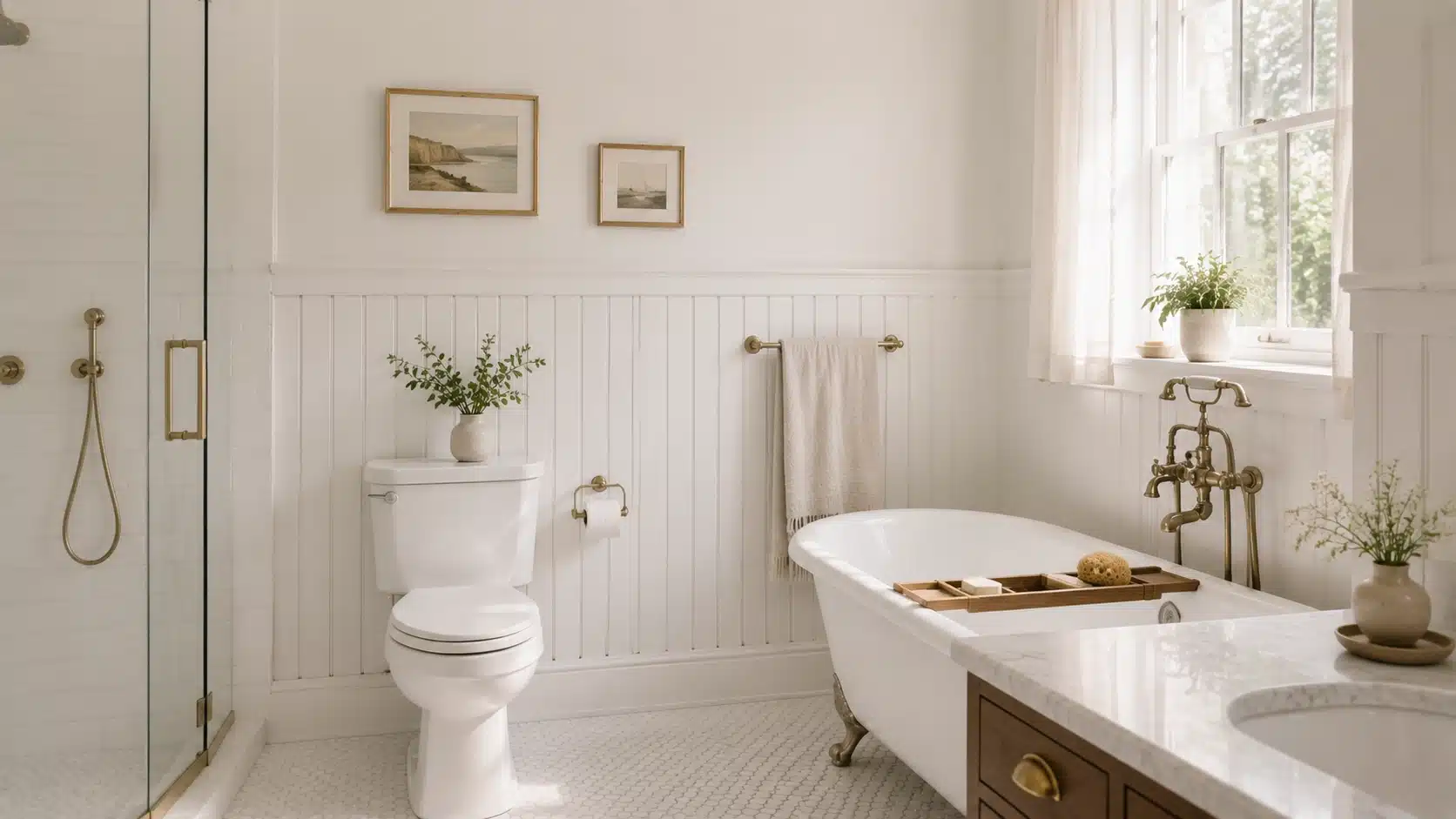 White beadboard wall paneling adds texture and classic architectural detail to a bright cottage-style bathroom.