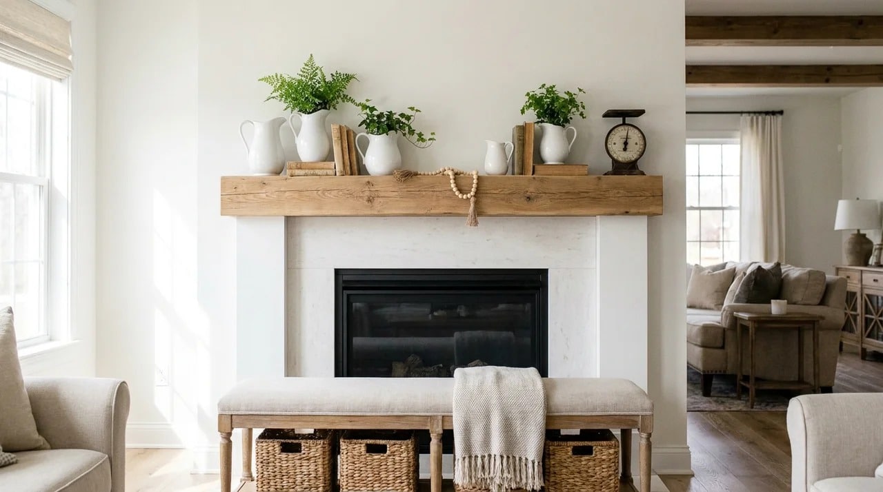 Fireplace mantel decorated with white ceramic pitchers and farmhouse accessories.