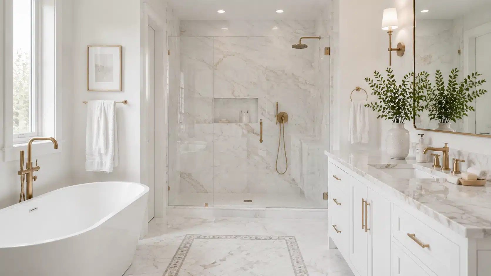 White marble bathroom with natural veining on shower walls, vanity top, and flooring details