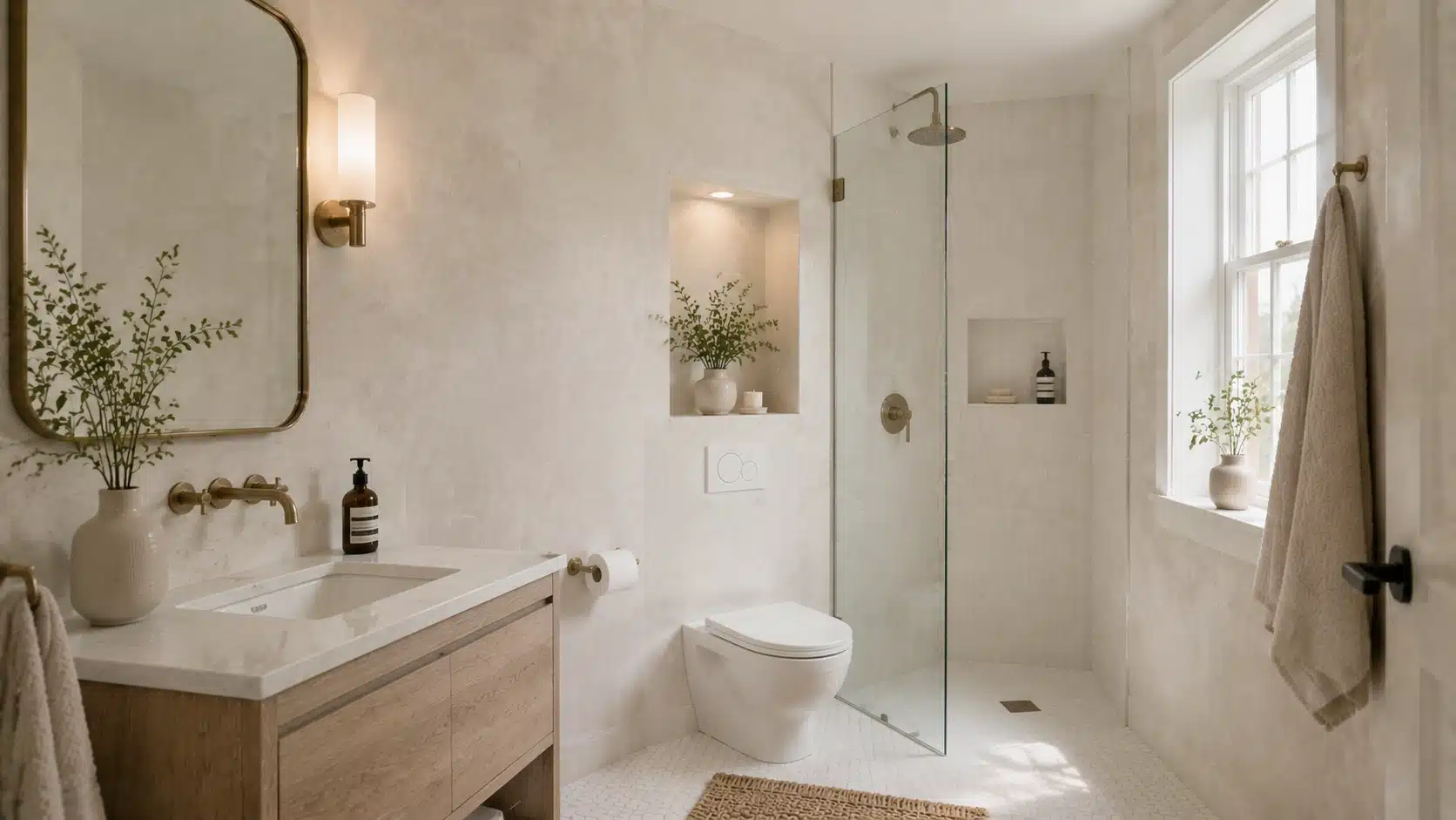 White plaster walls add soft texture and depth to a minimalist bathroom with a smooth seamless finish.