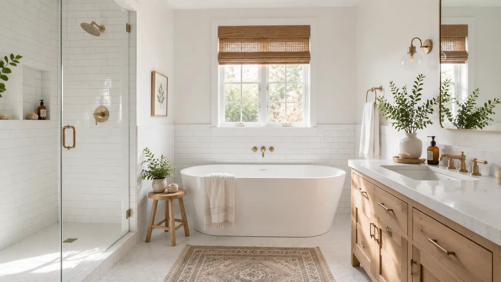 White subway tile bathroom with a glass shower, freestanding tub, wood vanity, and brass fixtures