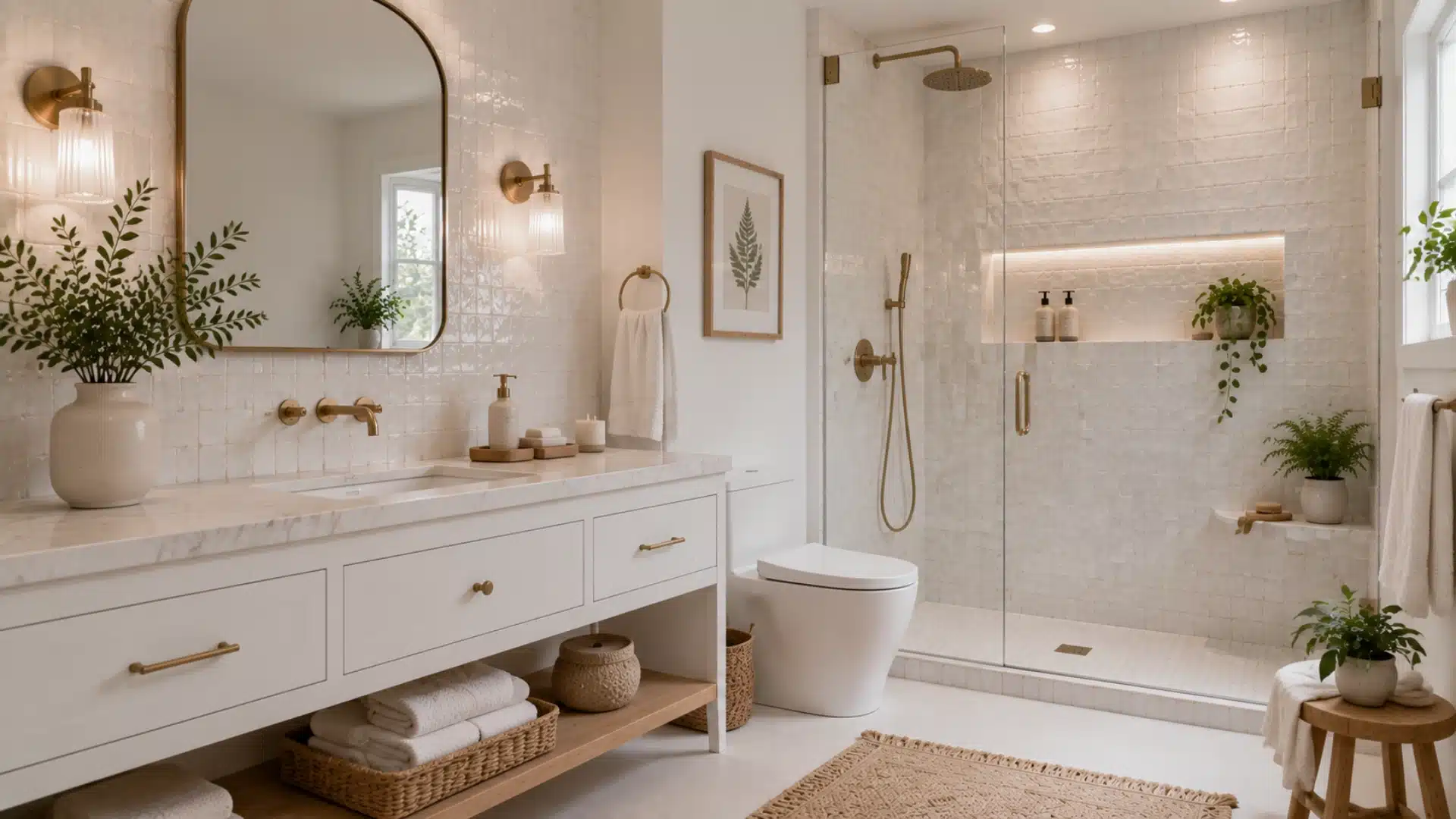 White zellige tile bathroom with handmade texture, wood vanity, brass fixtures, and glass shower
