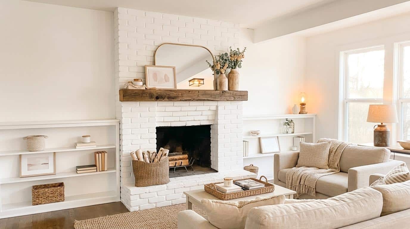 Whitewashed brick fireplace wall with a wooden mantel in a bright farmhouse living room.