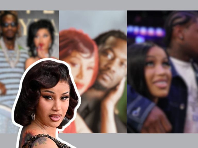Celebrity dating collage featuring Cardi B in the foreground with relationship moments shown in the background.