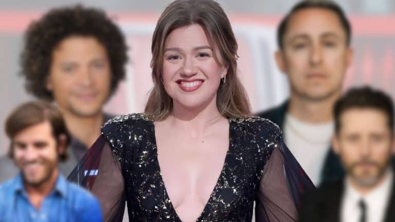 Kelly Clarkson smiling in a black sequined dress, surrounded by portraits of her past romantic partners.