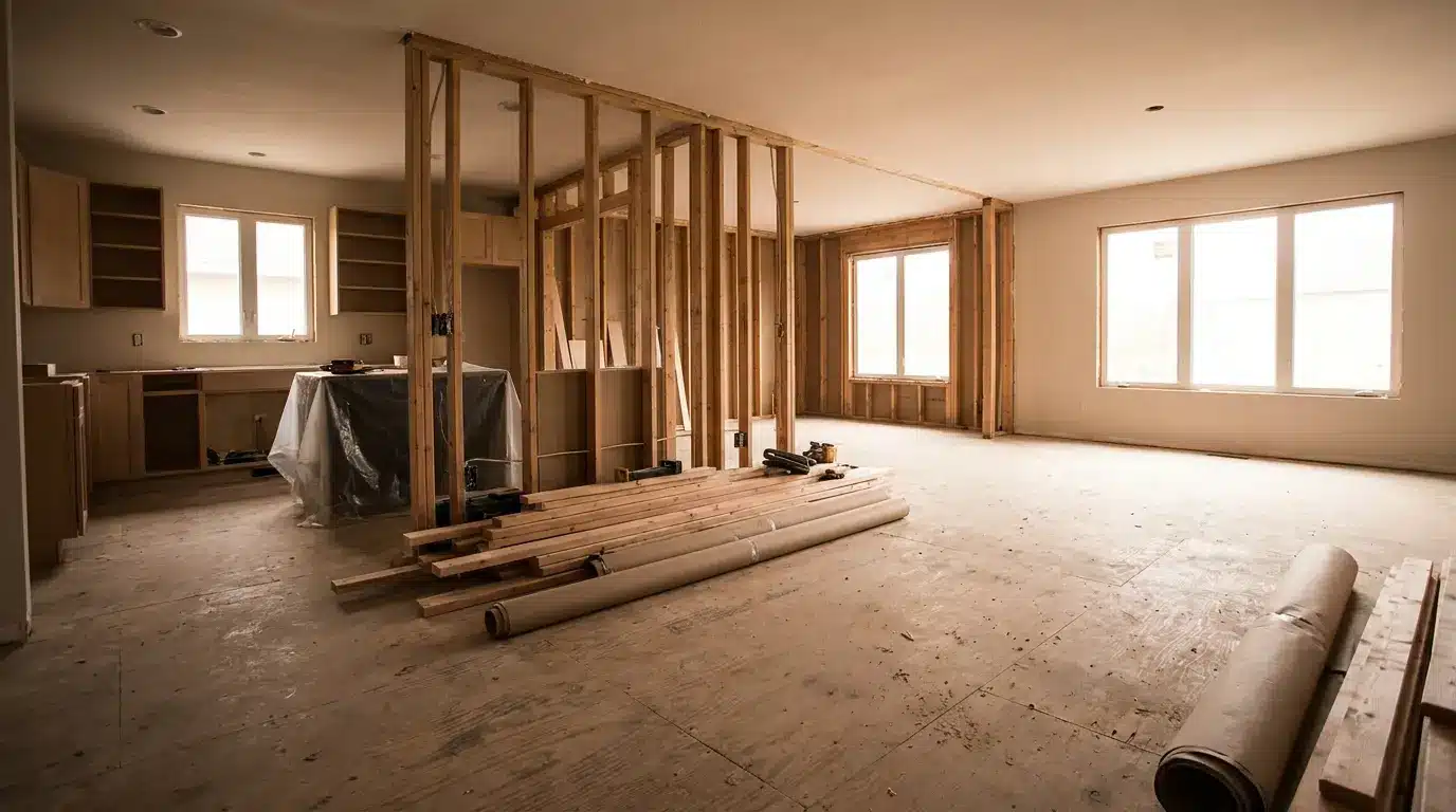 Open-concept room under renovation with exposed wooden framing and construction materials on floor
