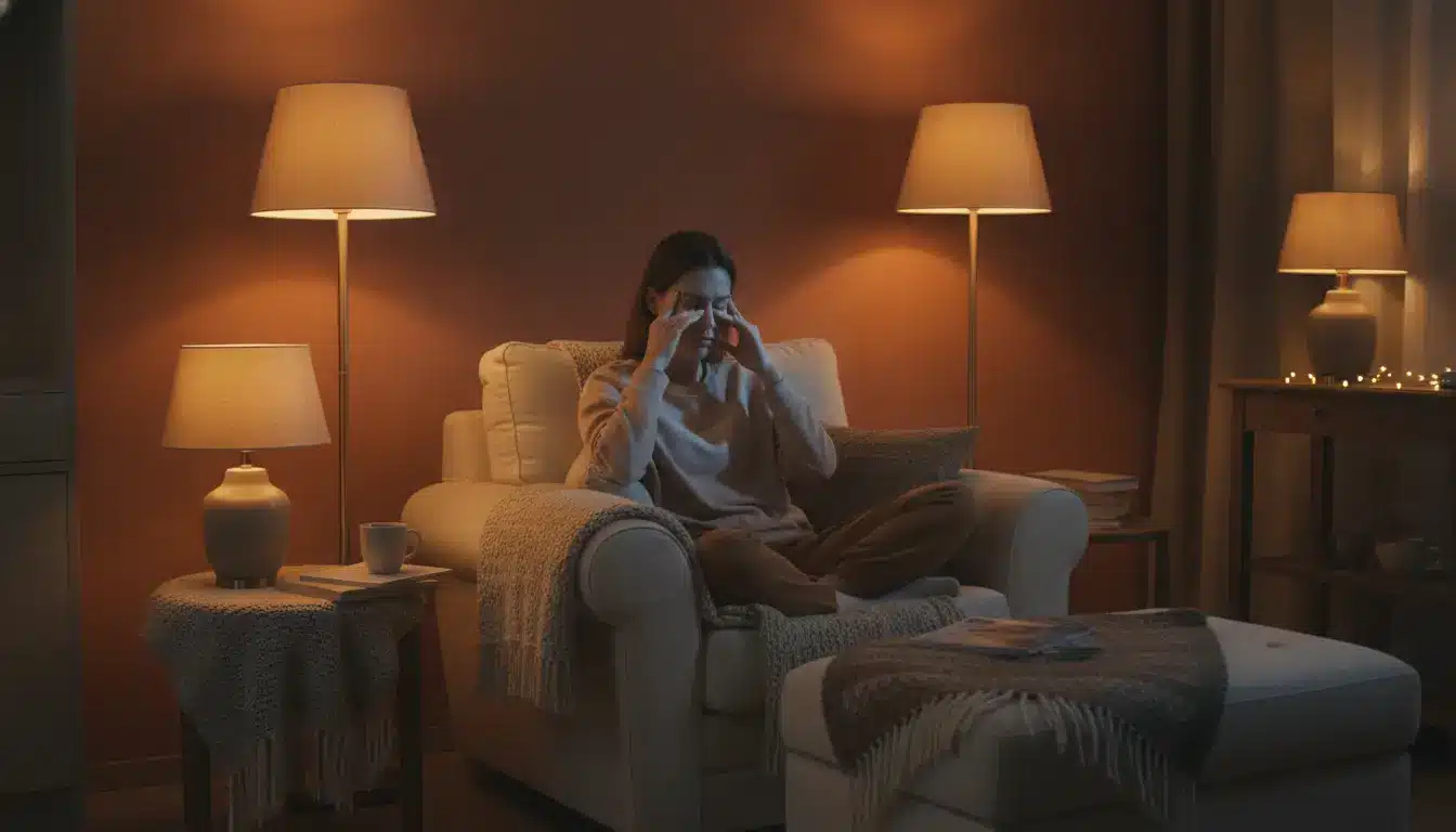 Person sitting on beige armchair with closed eyes in cozy dimly-lit living room