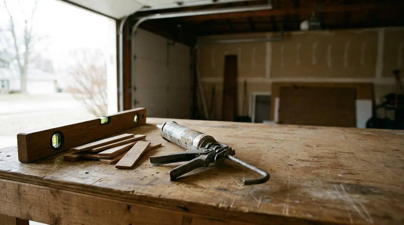 Workbench with caulking gun, wooden level, and wood pieces in a garage workshop