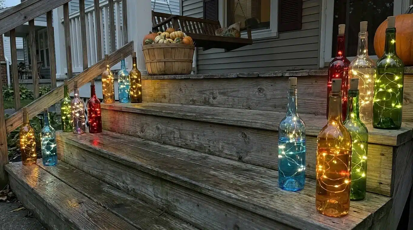 Glowing wine bottle lanterns lining porch steps