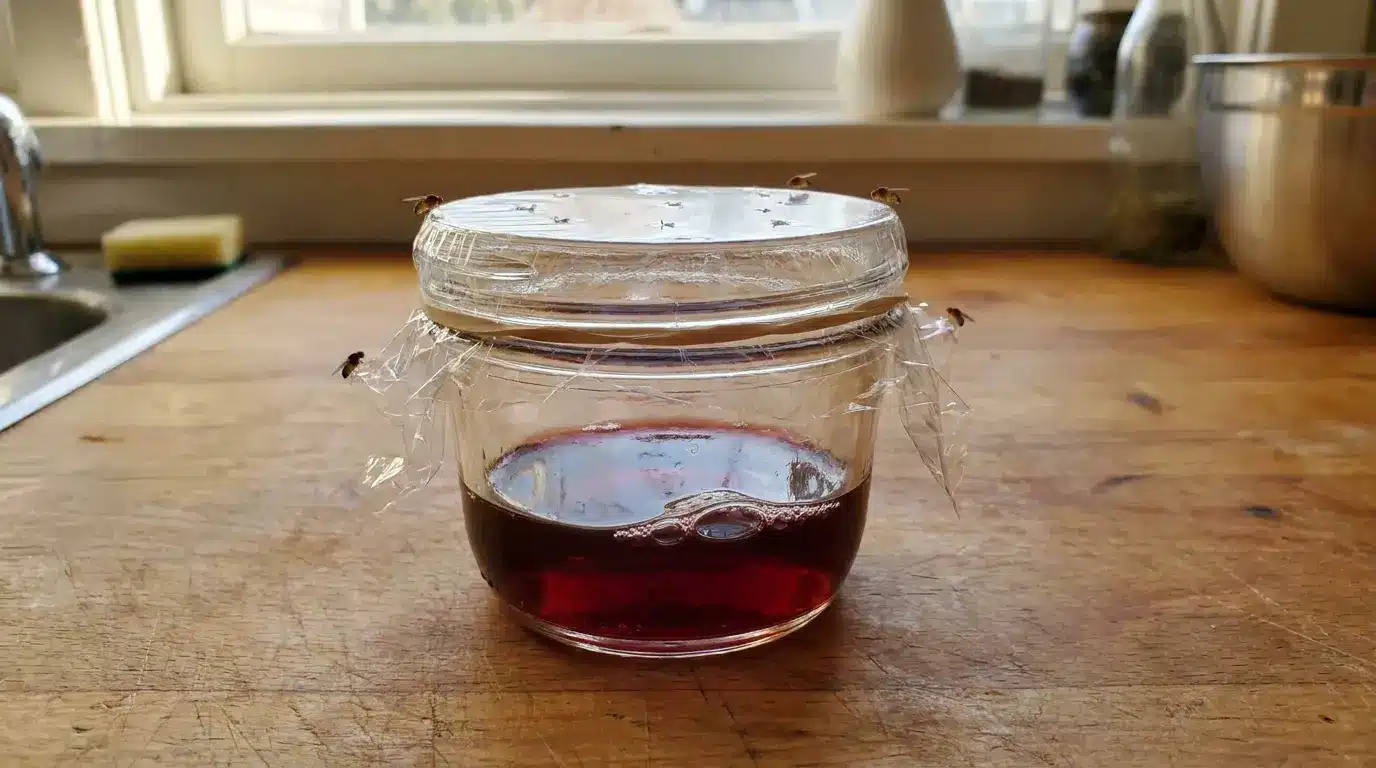 wine fly trap in a glass jar covered with plastic wrap and small flies gathered around it on a kitchen counter