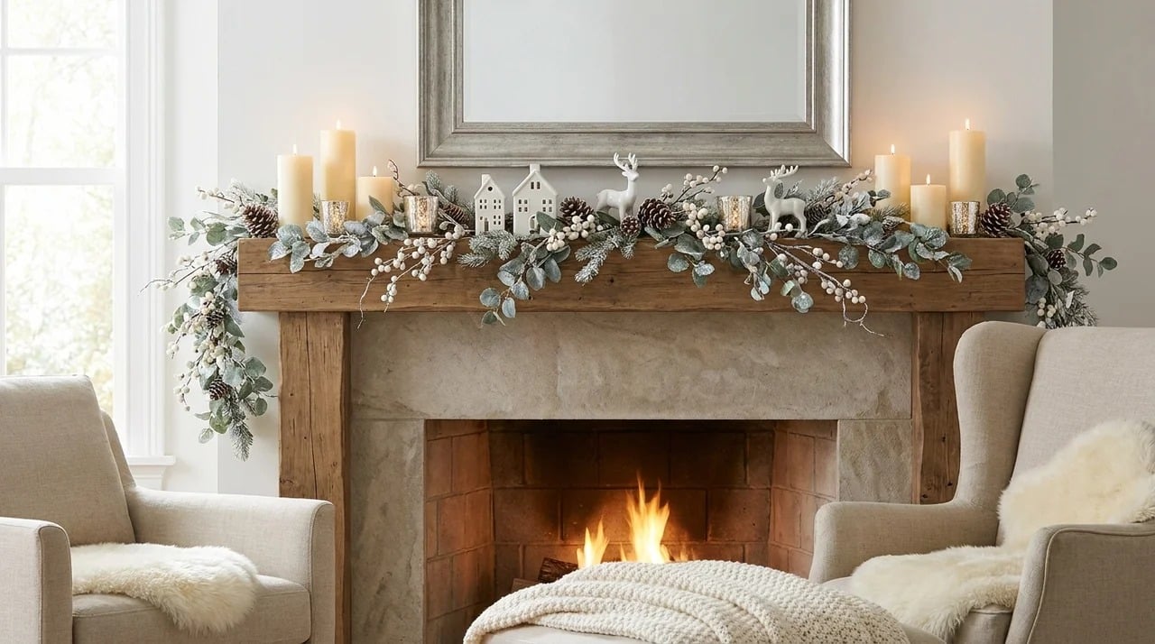 Winter fireplace mantel decorated with white seasonal decorations.