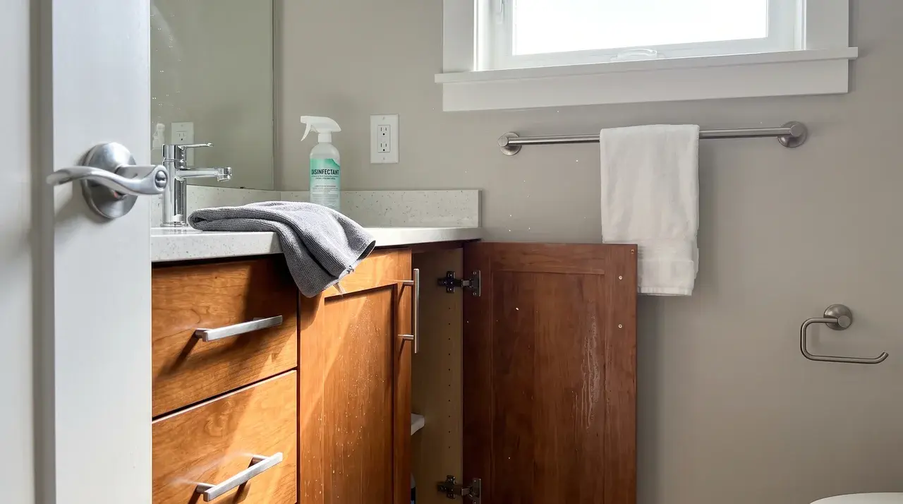 Bathroom cabinets, handles, switches, and high-touch surfaces disinfected and cleaned.