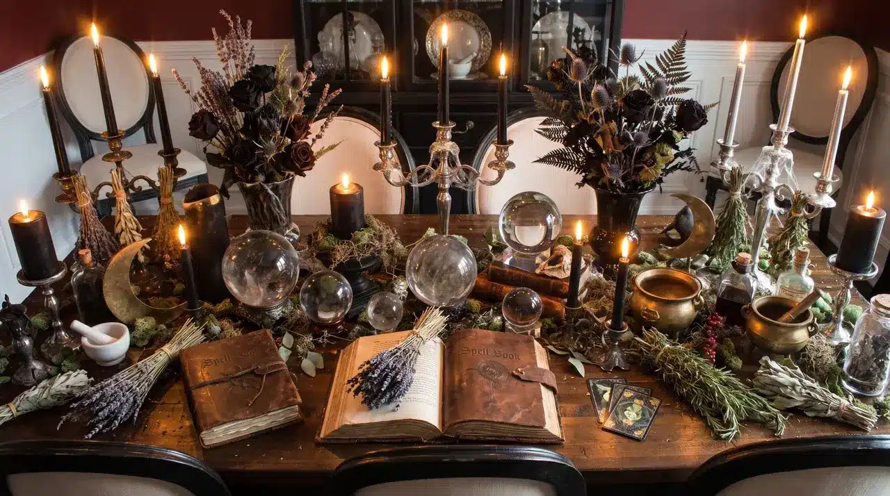 Black magic Halloween themes with witch decor, candles, books, and mystical home decorations.