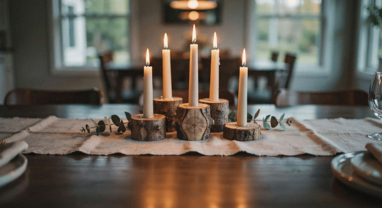 Wood branch slice candle holders on a dining table runner
