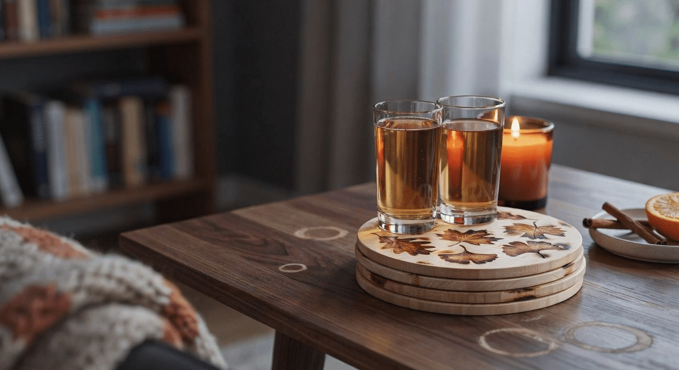 Woodburned leaf coasters stacked under glasses of cider