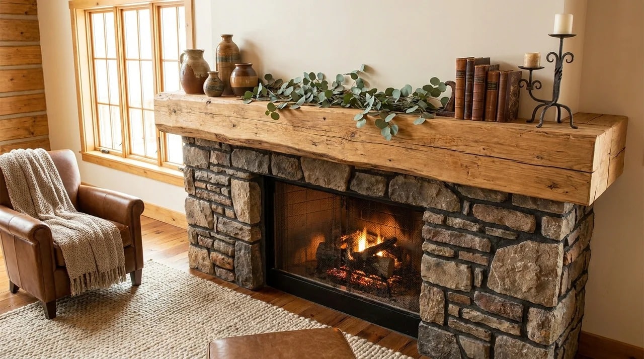 Fireplace with natural wooden mantel beam and rustic decor.