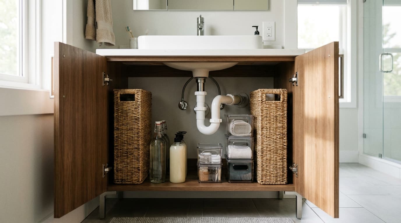 Organized bathroom vanity cabinet with woven baskets, clear storage bins, and neatly arranged sink supplies underneath.