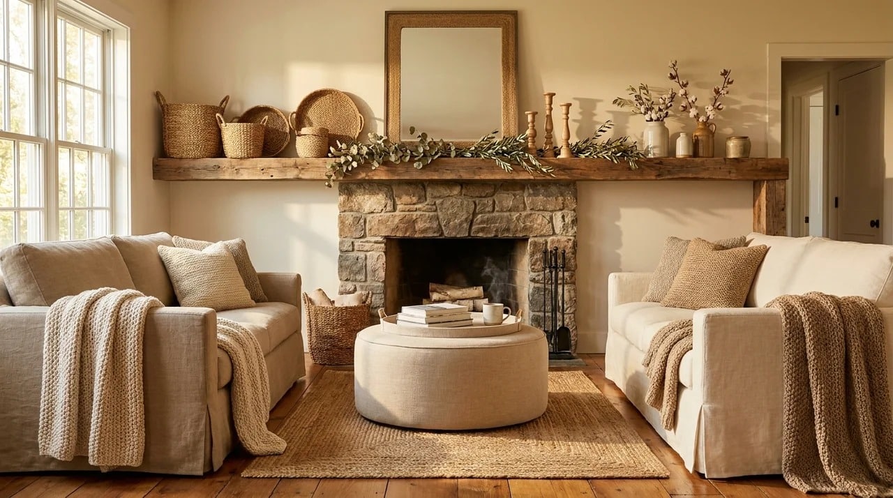 Fireplace mantel decorated with woven baskets and natural textures.