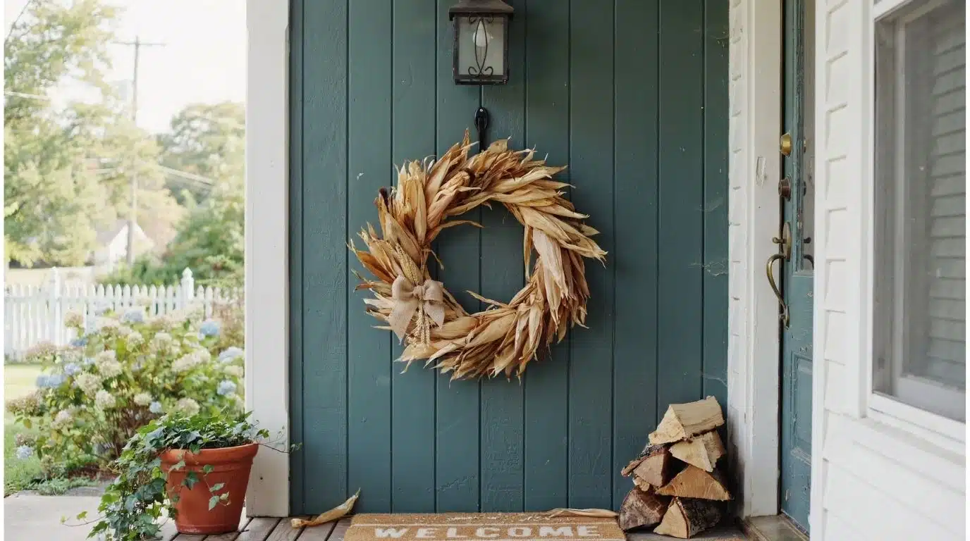 Woven corn husk wreath hanging on a wooden front door