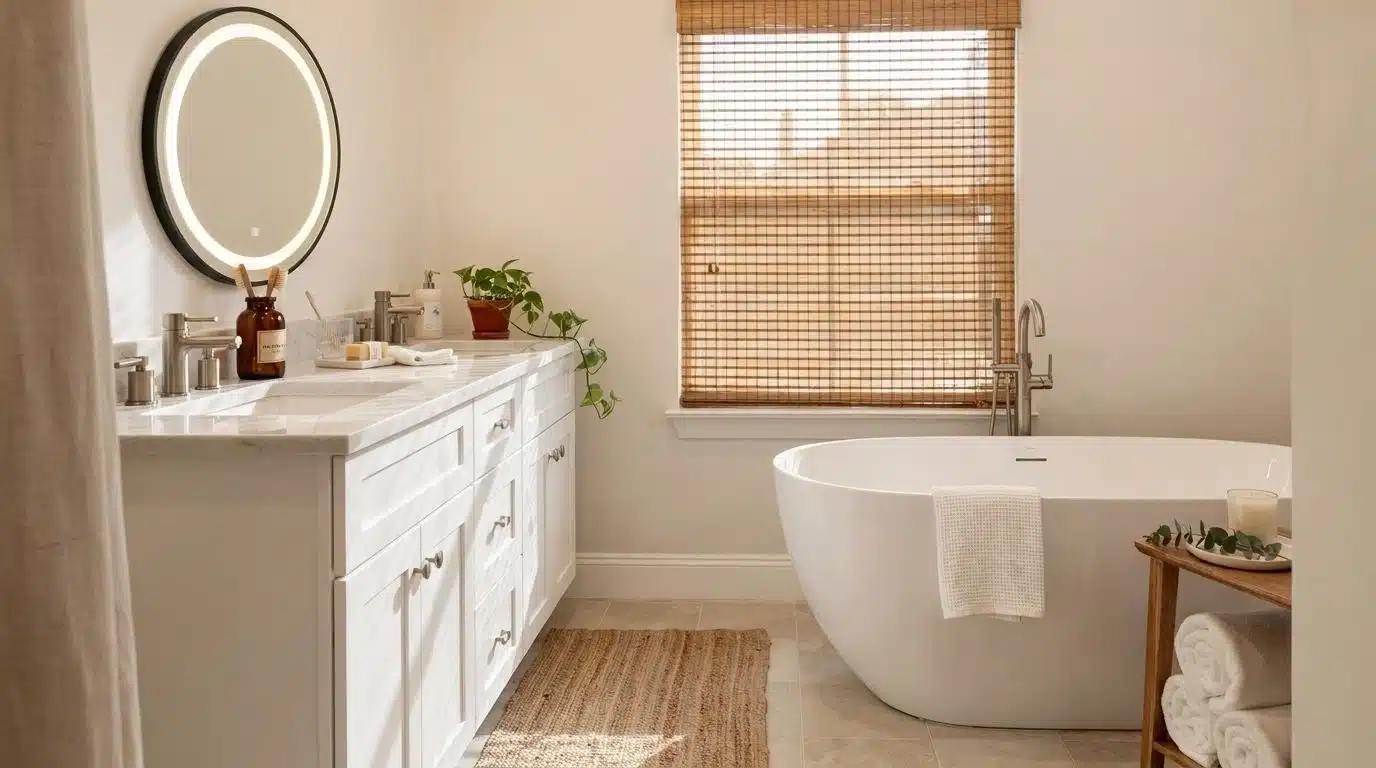 Full view of a bathroom window with woven wood blinds