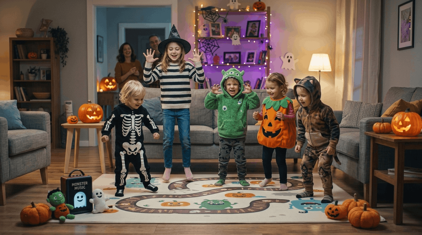 Young children enjoying Halloween movement games like monster dance and freeze dance.