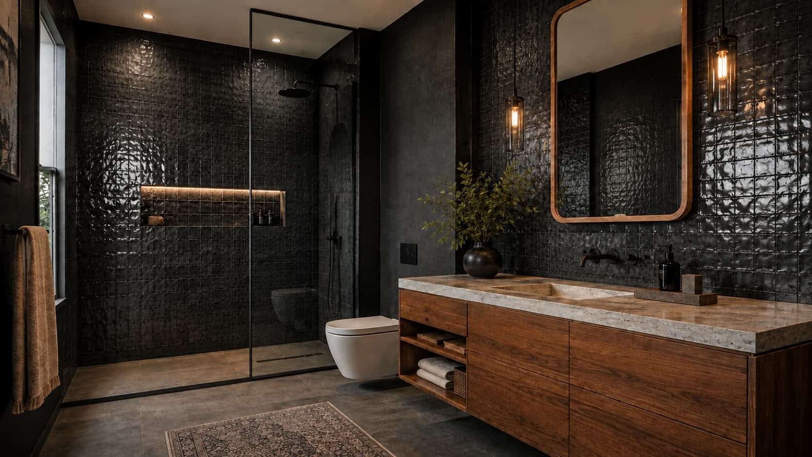 zellige tiles as backdrop in dark bathroom