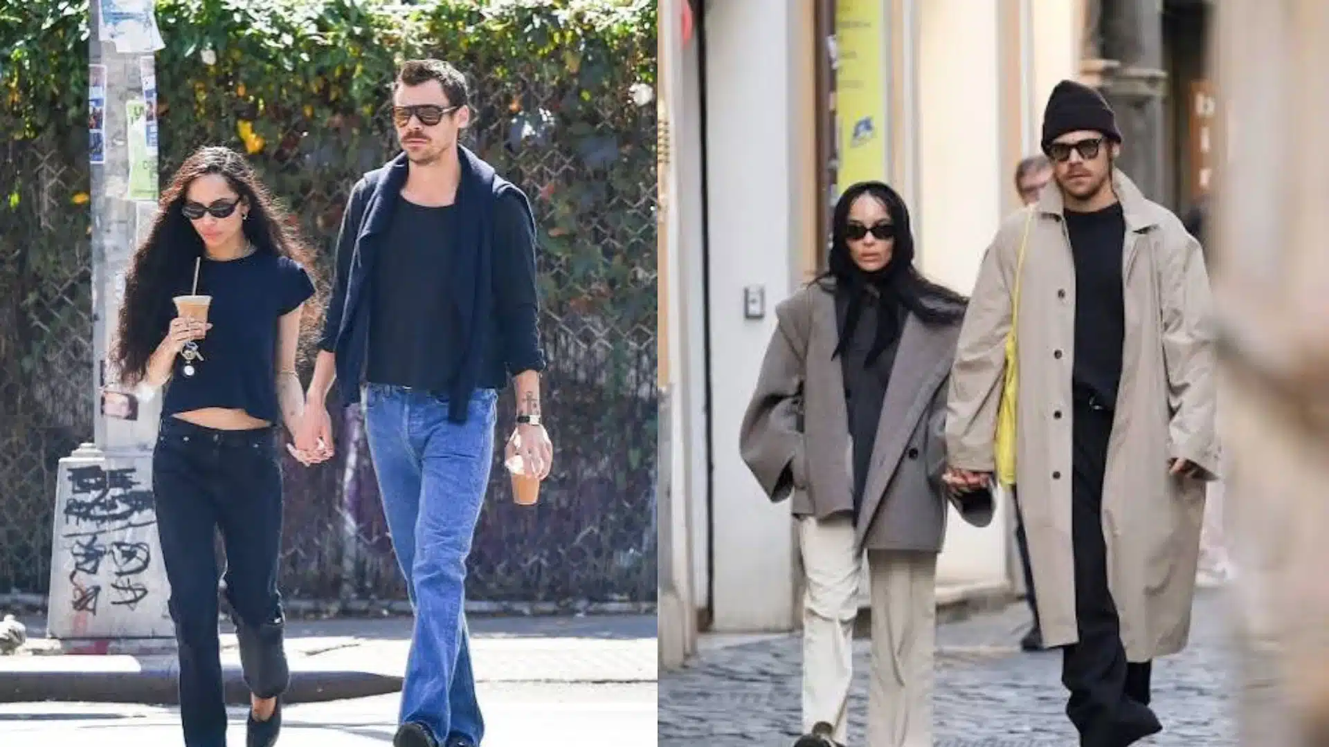 Zoë Kravitz and Harry Styles walking together in Rome wearing sunglasses and hats.