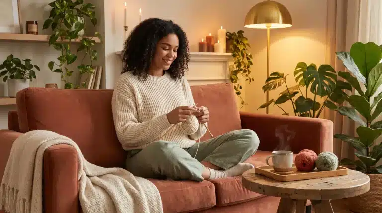 Woman knitting on terracotta sofa in cozy living room with plants and candles