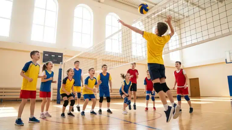 Children playing volleyball in a gymnasium with bright natural lighting