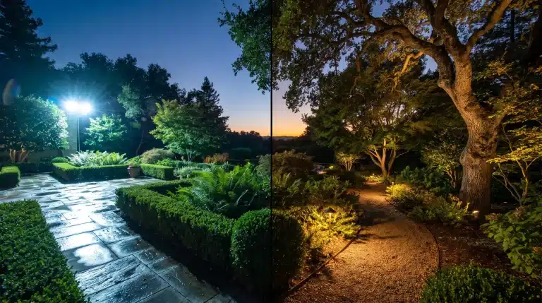 Illuminated garden path flanked by hedges and trees at dusk with soft atmospheric lighting