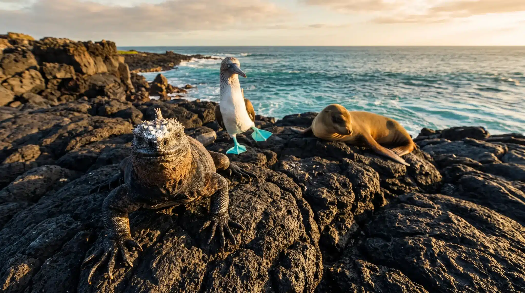 Marine iguana, blue-footed booby, and sea lion resting on volcanic rocks by the ocean